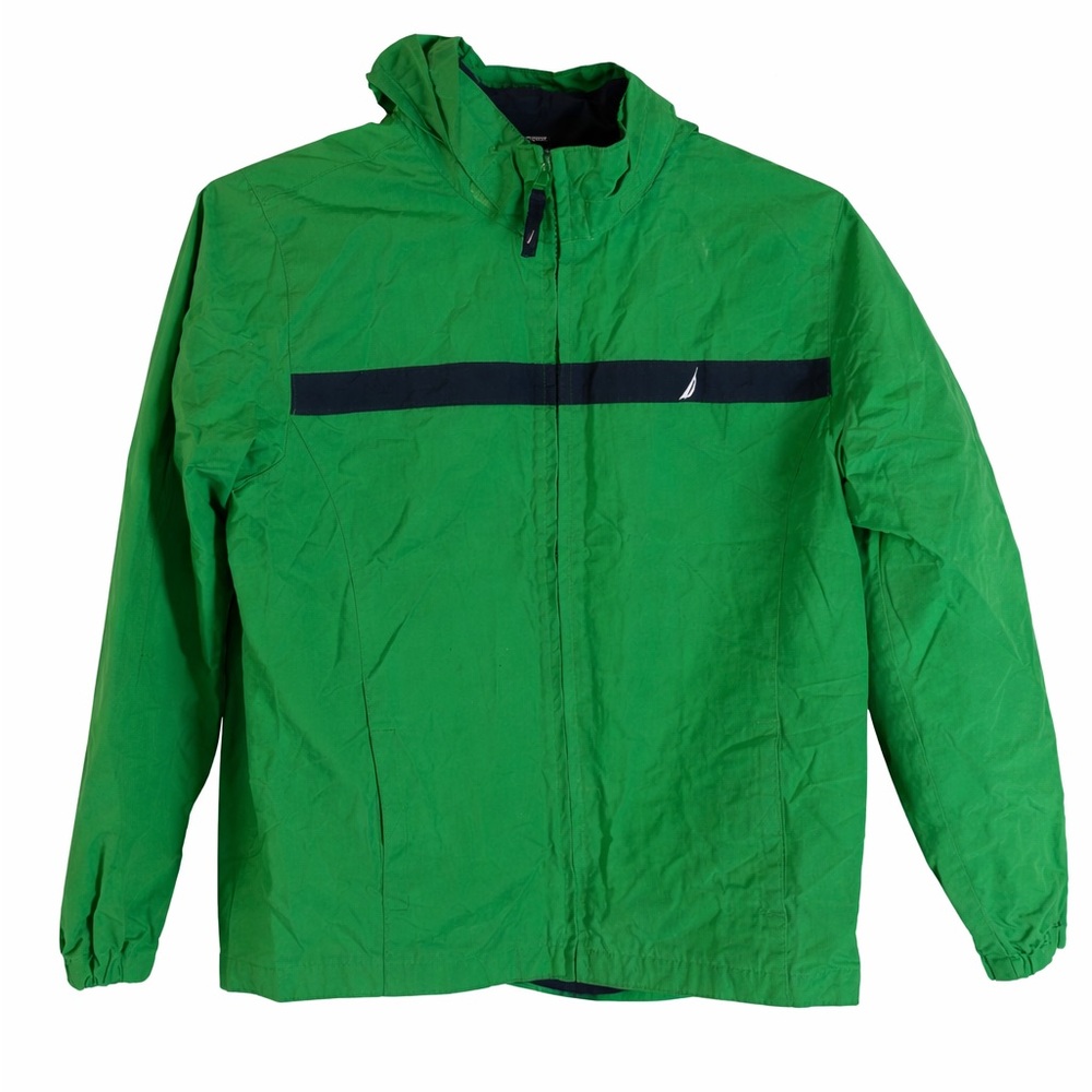 Nautica Youth Size XL (12-14) Green/Blue Logo Windbreaker Jacket Hidden Hood